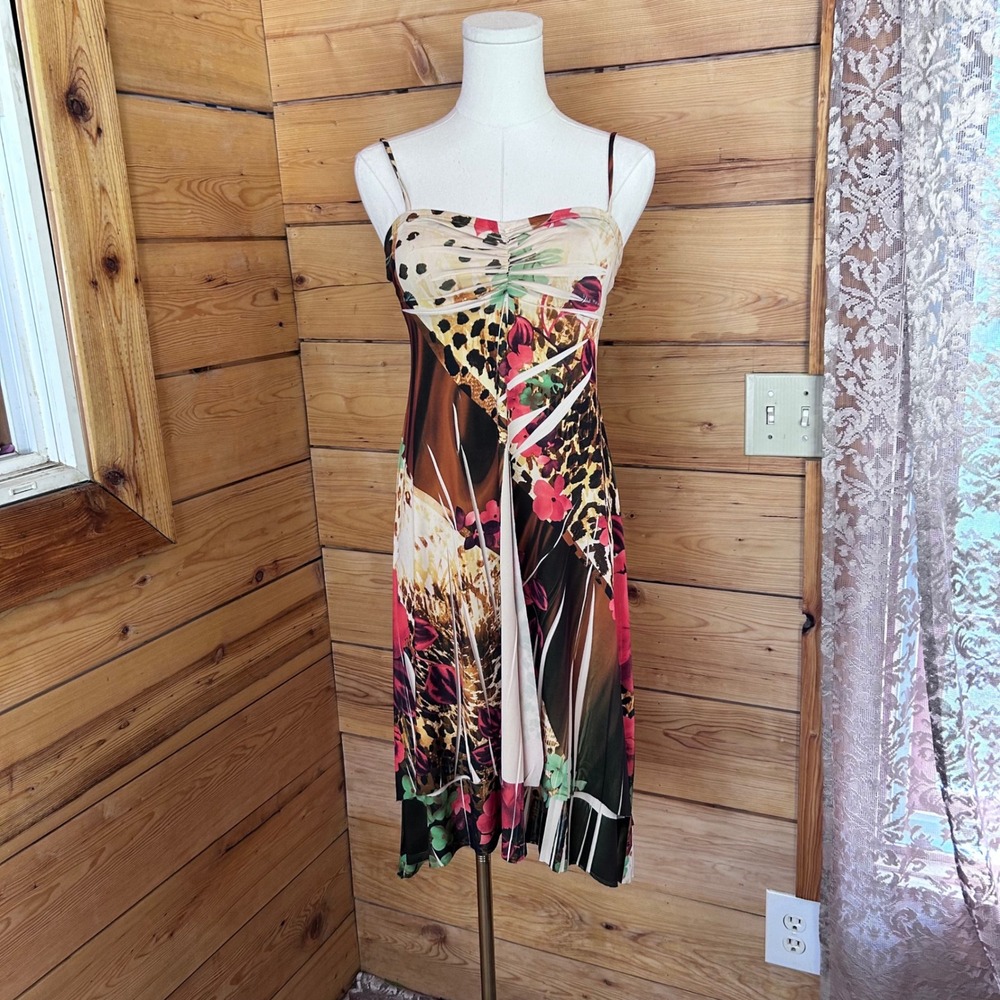 Vintage Mesh Slip Dress Womens Medium Multicolor Mixed Animal Floral Yabes USA